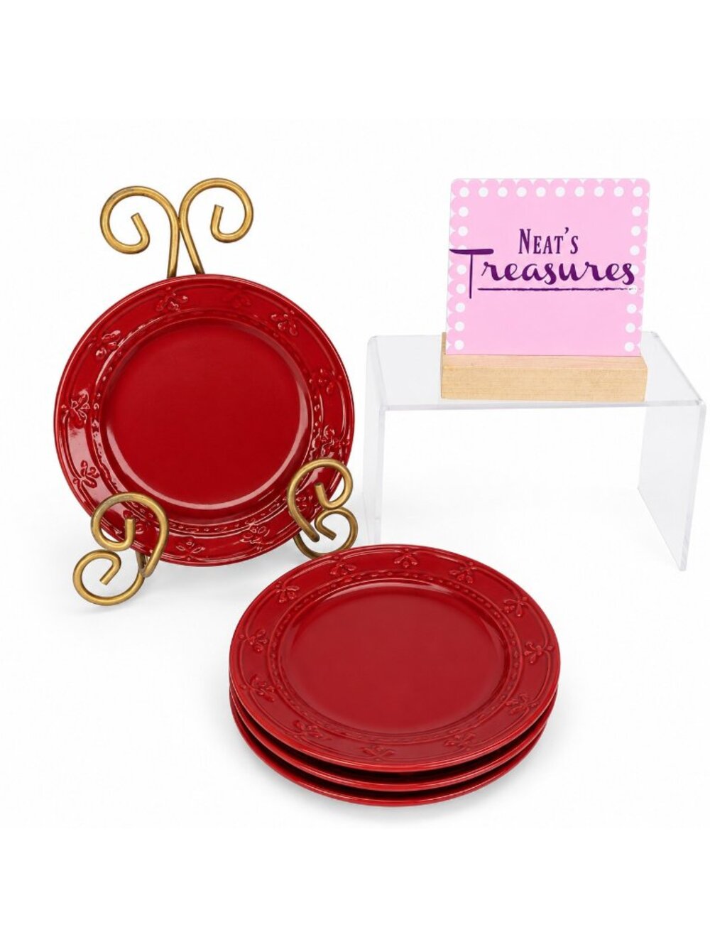 Kennex FIRENZA CINNAMON Embossed Fleur-De-Lis Stoneware Salad Lunch Plates Set 4